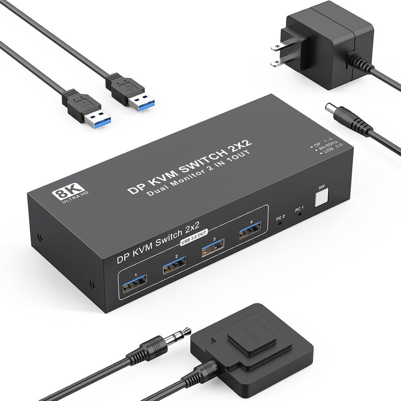 CCONG 8K Displayport KVM Switch 2 Monitors 2 Computers, 8K@60Hz 4K@144Hz,Dual Monitor Switch for 2 Computers,4 USB3.0 Ports,Support Extended/Mirror Mode with Desktop Controller 2 USB Cables Power Adapter - Image 1